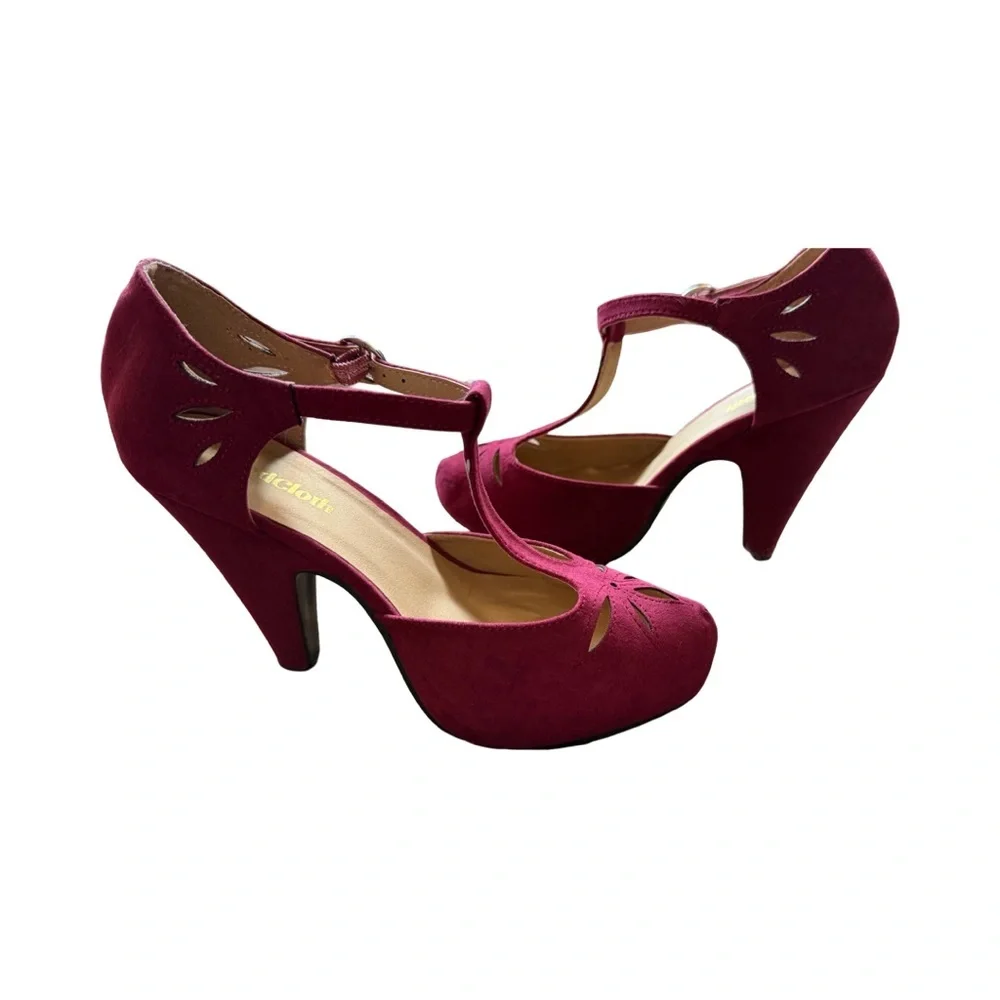 Rockabilly Pinup Burgundy T-Shape Heels ModCloth - Picture 1 of 17